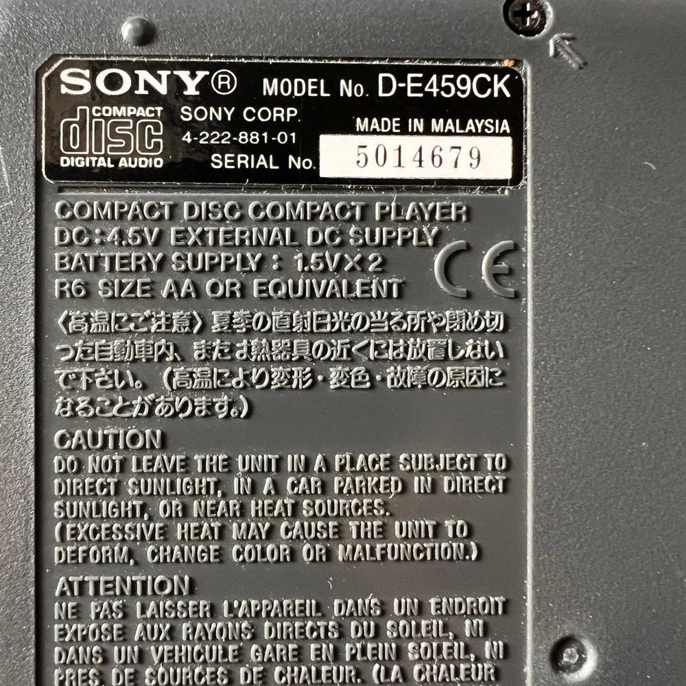 Sony Discman ESP2 D-E459CK Portable CD Player Car Ready Kit Vintage 1999 Silver